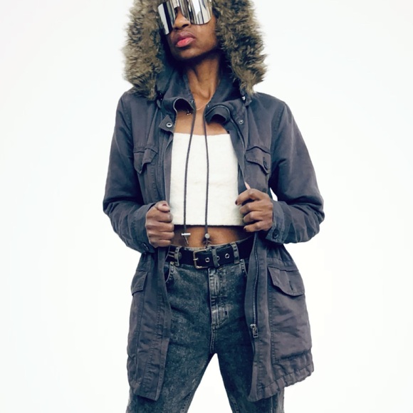 LOFT Charcoal Gray Zip Removable Hood W/Faux Fur XS - Picture 4 of 10